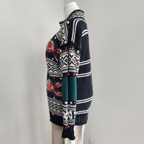 Vintage 90s Express Tricot Knit Sweater Floral Fair Isle Mock Neck Whimsigoth M - Picture 6 of 10